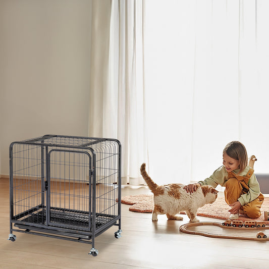 26 Inch Durable Cat Cage, Thickened Metal Wire Cat Enclosure Indoor with Double Doors, Lockable Wheels and Slide-out Trays