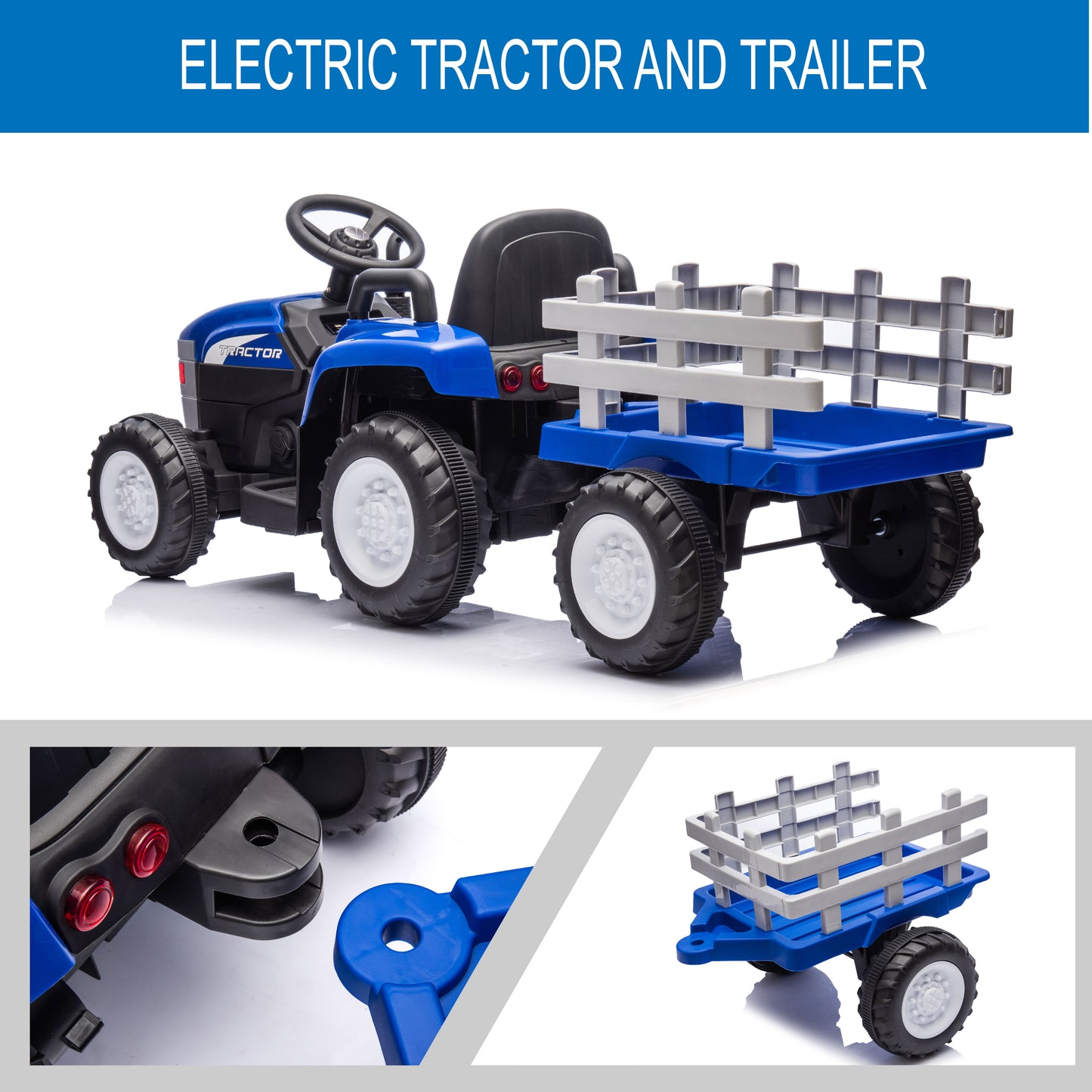 12V7AH Battery-Powered Toy Tractor with Trailer, Remote Control, Kids' Electric Excavator Vehicles with 2x35W Dual Motor, Treaded Tires, LED Lights, USB, Music, - Gifts for Boy, Girl