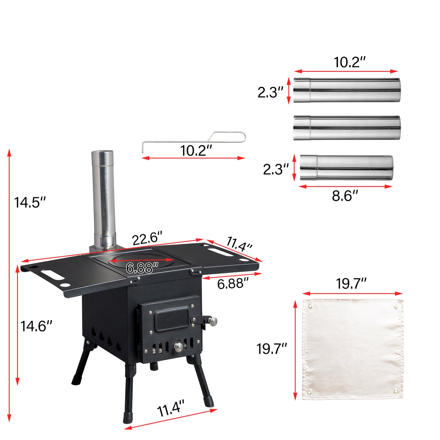 Portable Outdoor Wood Burning Stove Tent Stove with Chimney Pipe and Gloves for Tent,Picnic,Camping, Ice-fishing,Travel, Folding Heating Wood Burning