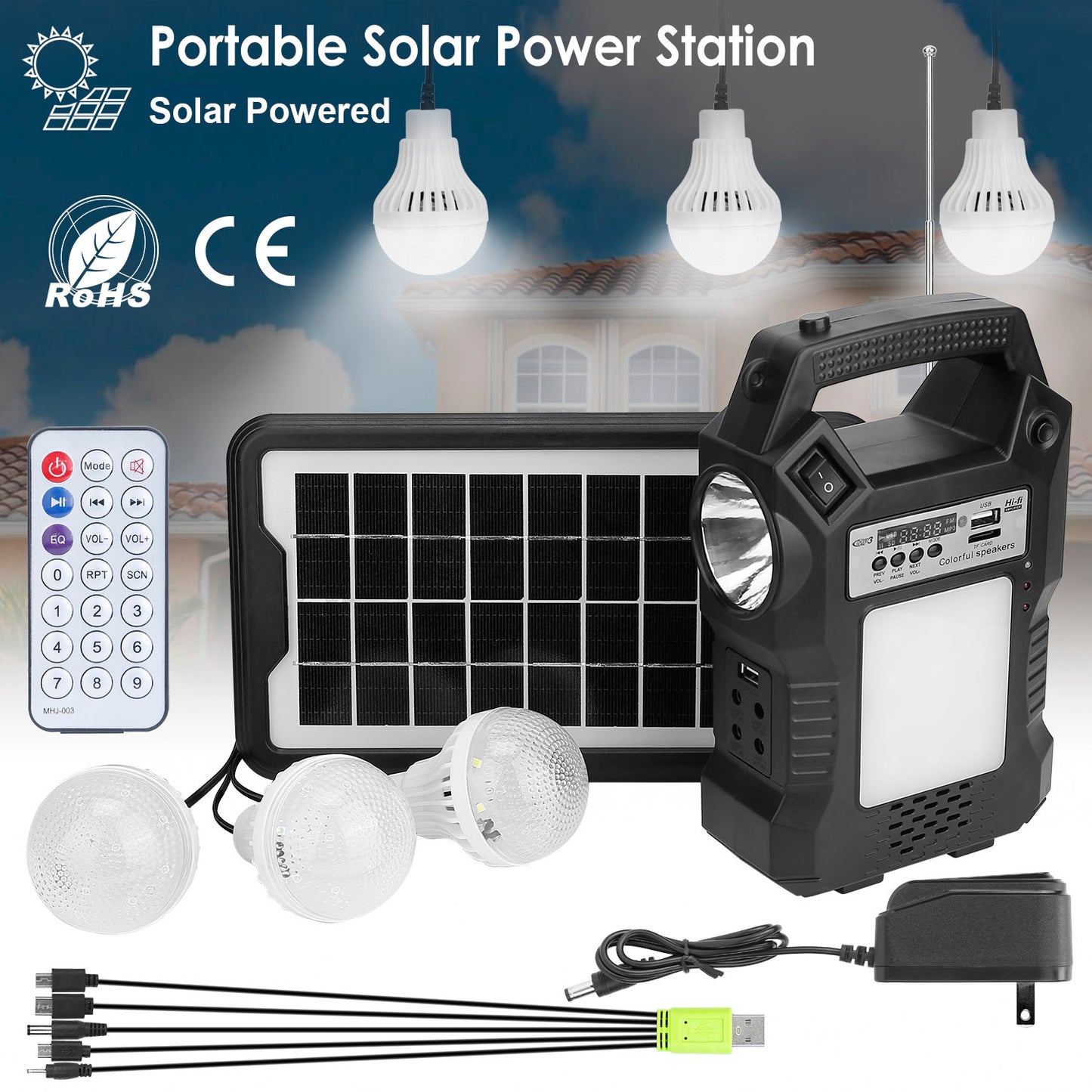 Portable Solar Power Station Rechargeable Backup Power Bank w/Flashlight 3 Lighting Bulbs For Camping Outage Garden Lamp