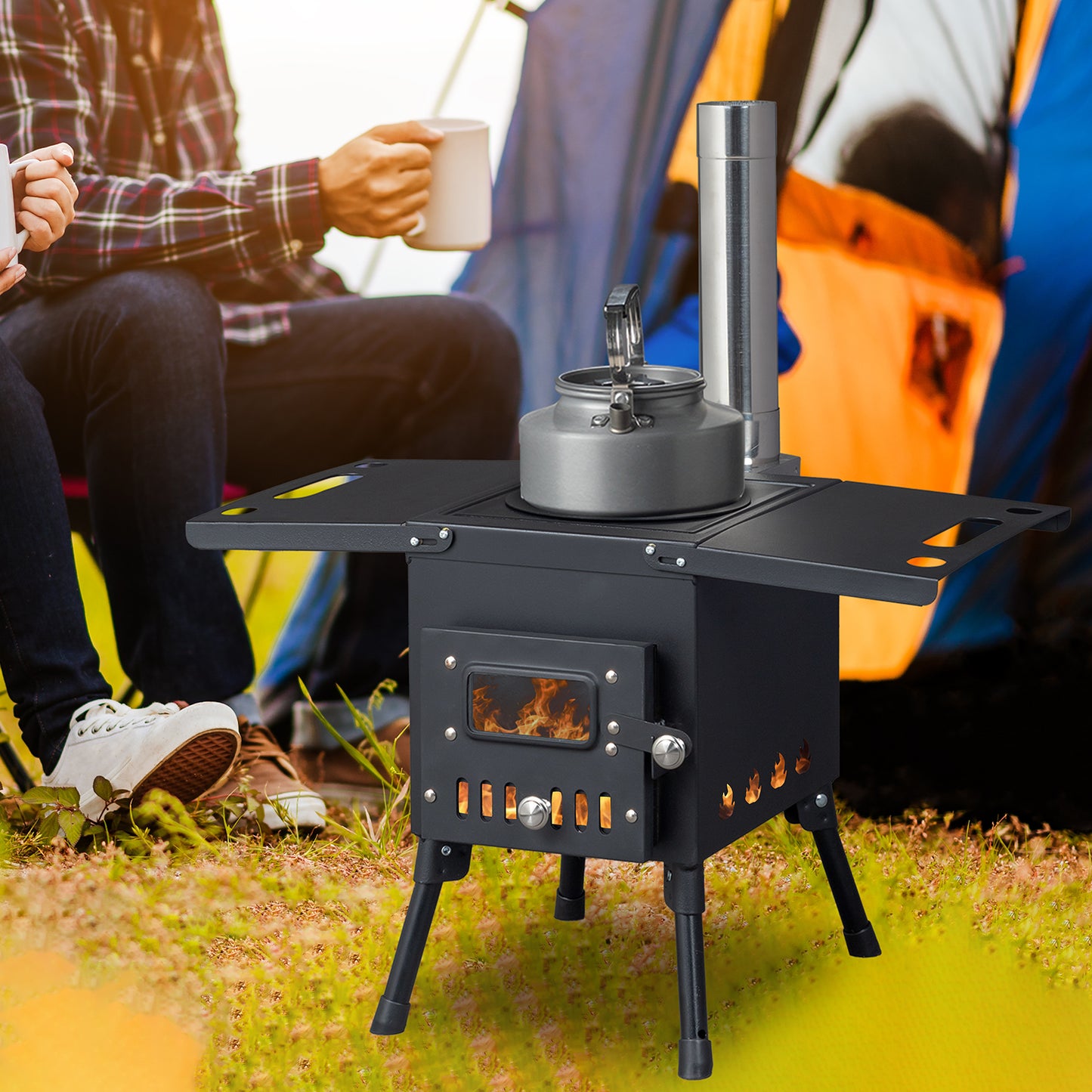 Portable Outdoor Wood Burning Stove Tent Stove with Chimney Pipe and Gloves for Tent,Picnic,Camping, Ice-fishing,Travel, Folding Heating Wood Burning