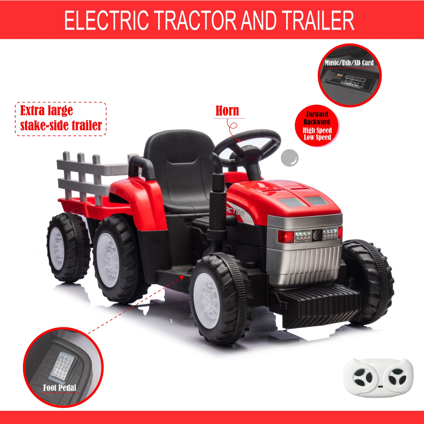 12V7AH Battery-Powered Toy Tractor with Trailer, Remote Control, Kids' Electric Excavator Vehicles with 2x35W Dual Motor, Treaded Tires, LED Lights, USB, Music, - Gifts for Boy, Girl