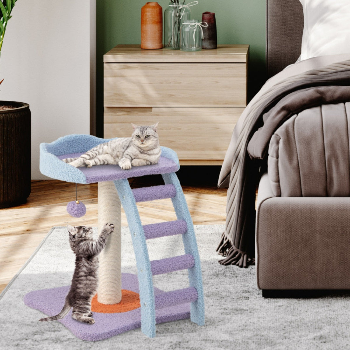 2 storey cat tree, cat climbing frame, plush cat tower with ladder shape