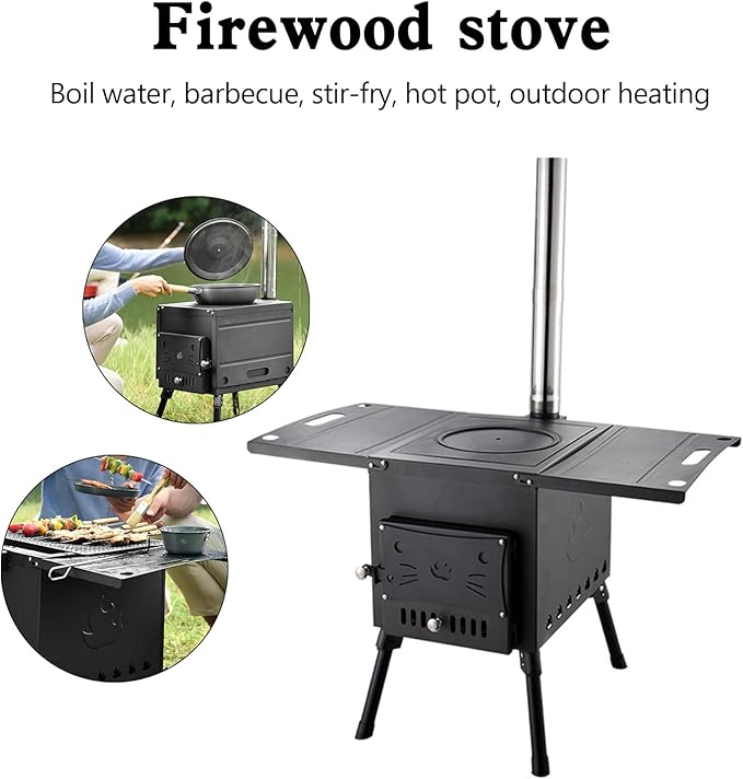 Portable Outdoor Wood Burning Stove Tent Stove with Chimney Pipe and Gloves for Tent,Picnic,Camping, Ice-fishing,Travel, Folding Heating Wood Burning