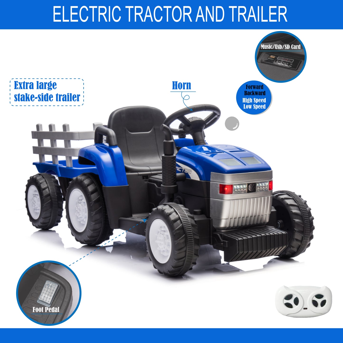 12V7AH Battery-Powered Toy Tractor with Trailer, Remote Control, Kids' Electric Excavator Vehicles with 2x35W Dual Motor, Treaded Tires, LED Lights, USB, Music, - Gifts for Boy, Girl