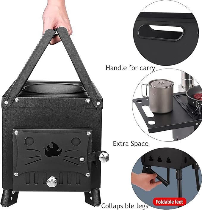 Portable Outdoor Wood Burning Stove Tent Stove with Chimney Pipe and Gloves for Tent,Picnic,Camping, Ice-fishing,Travel, Folding Heating Wood Burning