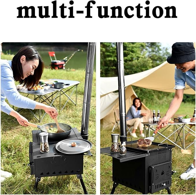 Portable Outdoor Wood Burning Stove Tent Stove with Chimney Pipe and Gloves for Tent,Picnic,Camping, Ice-fishing,Travel, Folding Heating Wood Burning