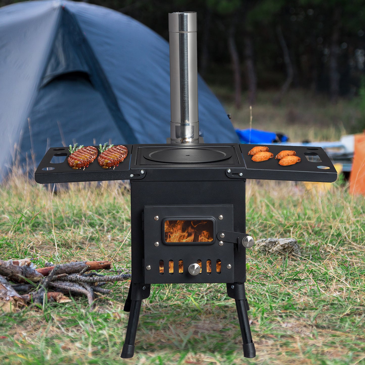 Portable Outdoor Wood Burning Stove Tent Stove with Chimney Pipe and Gloves for Tent,Picnic,Camping, Ice-fishing,Travel, Folding Heating Wood Burning