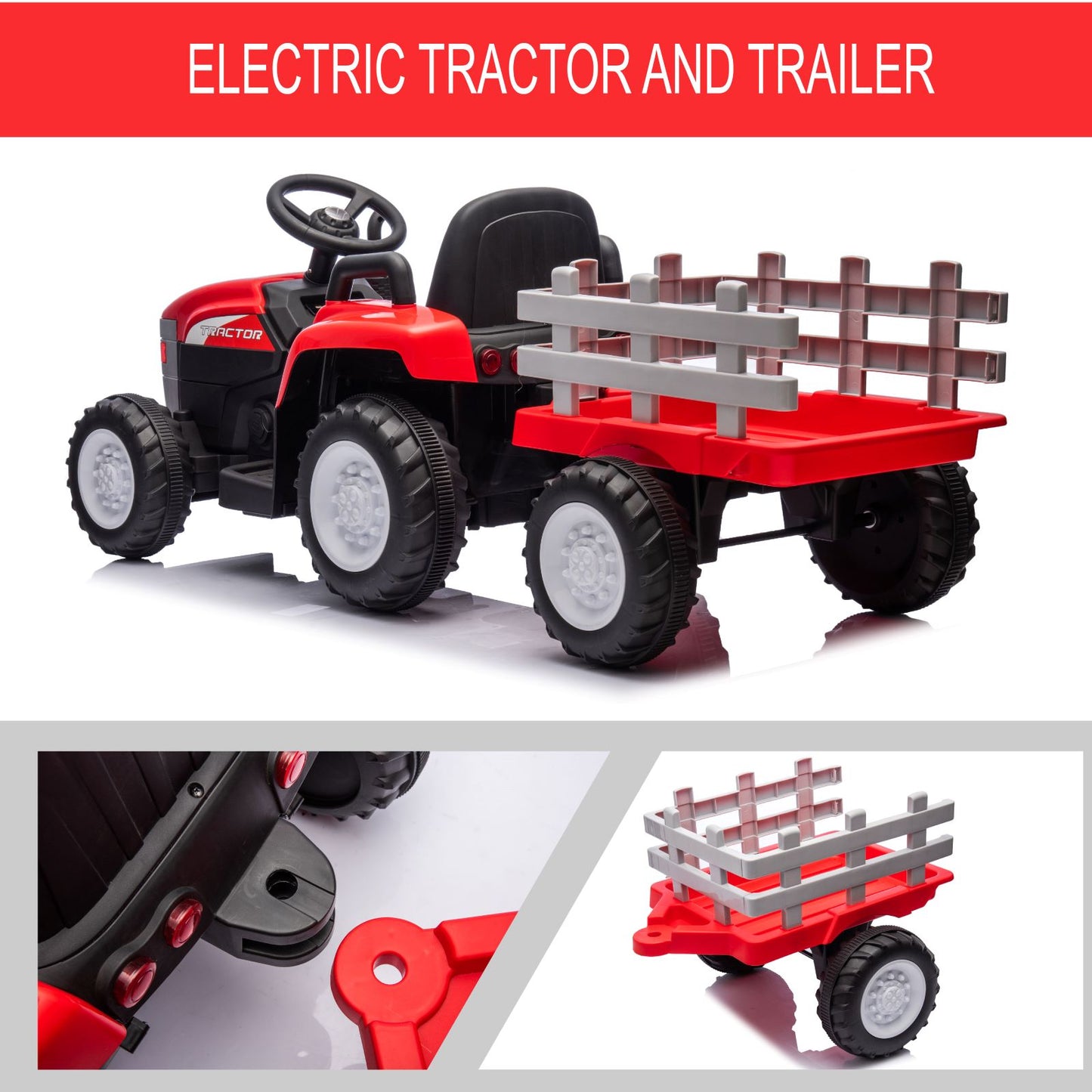 12V7AH Battery-Powered Toy Tractor with Trailer, Remote Control, Kids' Electric Excavator Vehicles with 2x35W Dual Motor, Treaded Tires, LED Lights, USB, Music, - Gifts for Boy, Girl