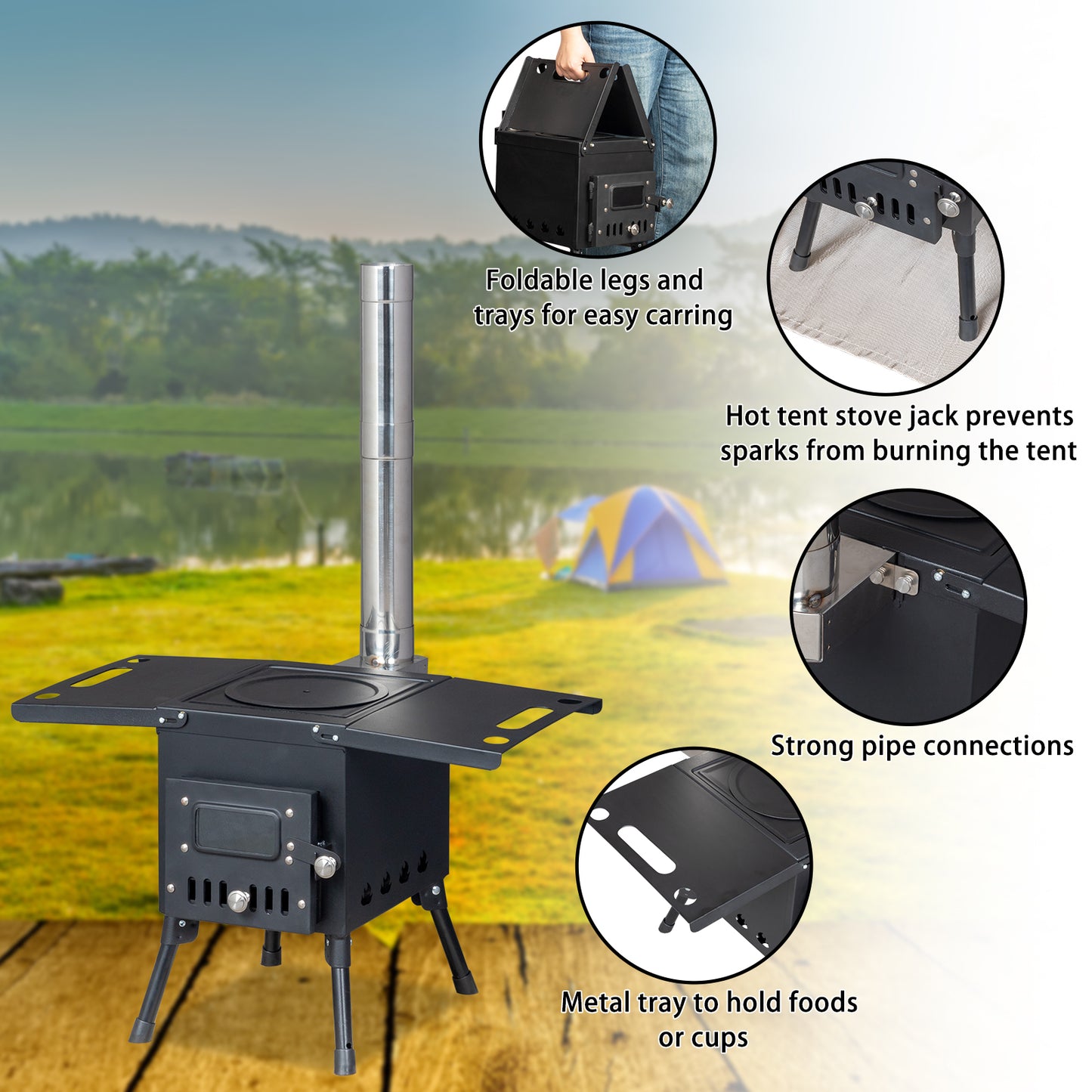 Portable Outdoor Wood Burning Stove Tent Stove with Chimney Pipe and Gloves for Tent,Picnic,Camping, Ice-fishing,Travel, Folding Heating Wood Burning