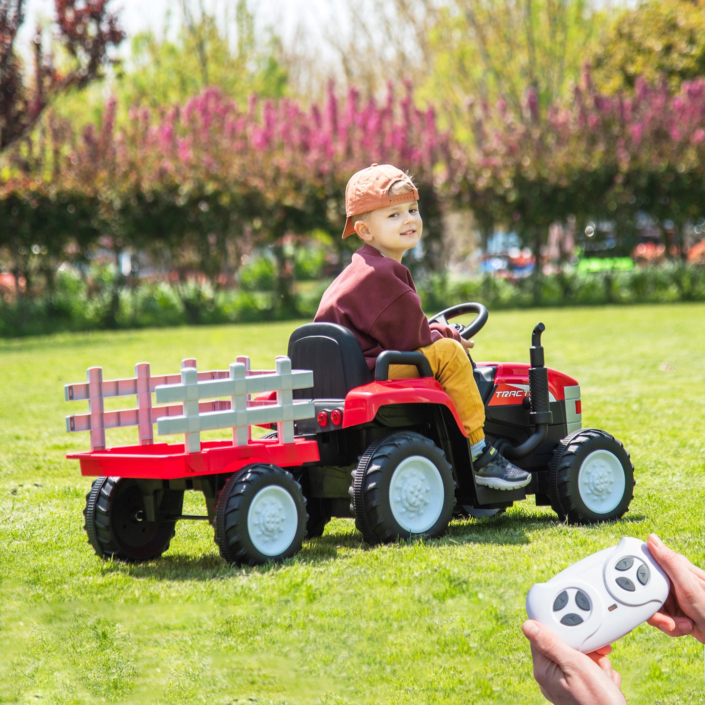 12V7AH Battery-Powered Toy Tractor with Trailer, Remote Control, Kids' Electric Excavator Vehicles with 2x35W Dual Motor, Treaded Tires, LED Lights, USB, Music, - Gifts for Boy, Girl