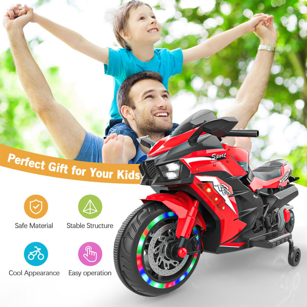 12V Electric Motorcycle for Kids, Powered Toy Motorcycle, Child Motorcycle Ride On with Light Wheels and Bluetooth Music Red (No shipping on weekends)