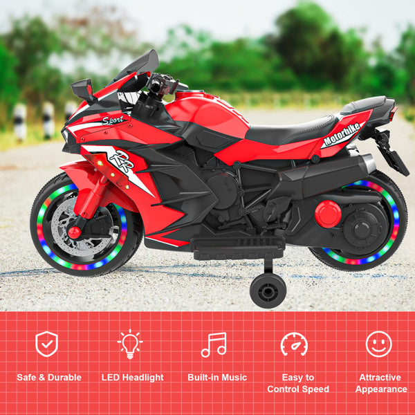 12V Electric Motorcycle for Kids, Powered Toy Motorcycle, Child Motorcycle Ride On with Light Wheels and Bluetooth Music Red (No shipping on weekends)