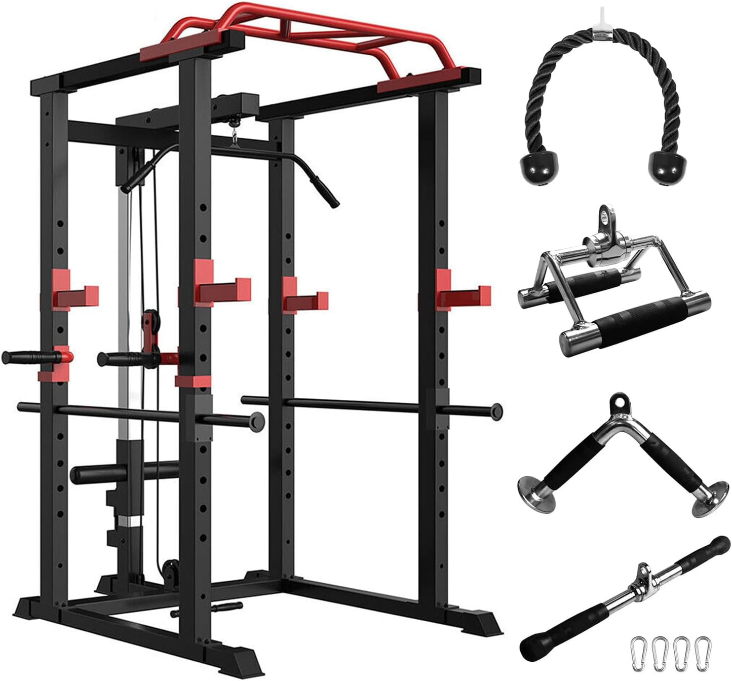 Powerful Home Gym Power Cage - Multi-Functional 1000lb Capacity Squat Rack with Pull-up Bar, 4 Sets of Accessories, 12 Adjustable Positions, High and Low Pulleys - Ultimate Strength Training Equipment