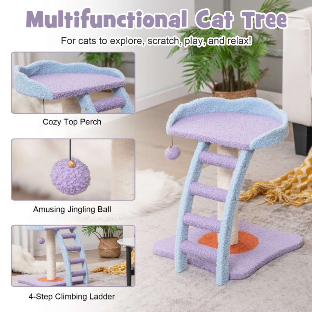 2 storey cat tree, cat climbing frame, plush cat tower with ladder shape