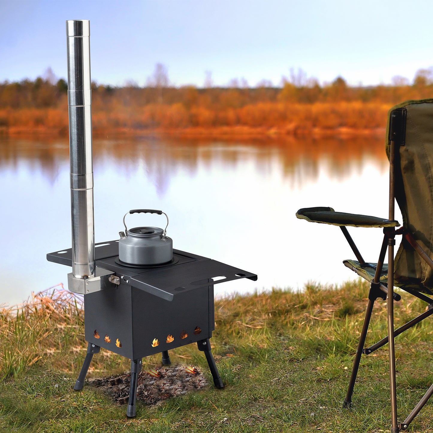 Portable Outdoor Wood Burning Stove Tent Stove with Chimney Pipe and Gloves for Tent,Picnic,Camping, Ice-fishing,Travel, Folding Heating Wood Burning