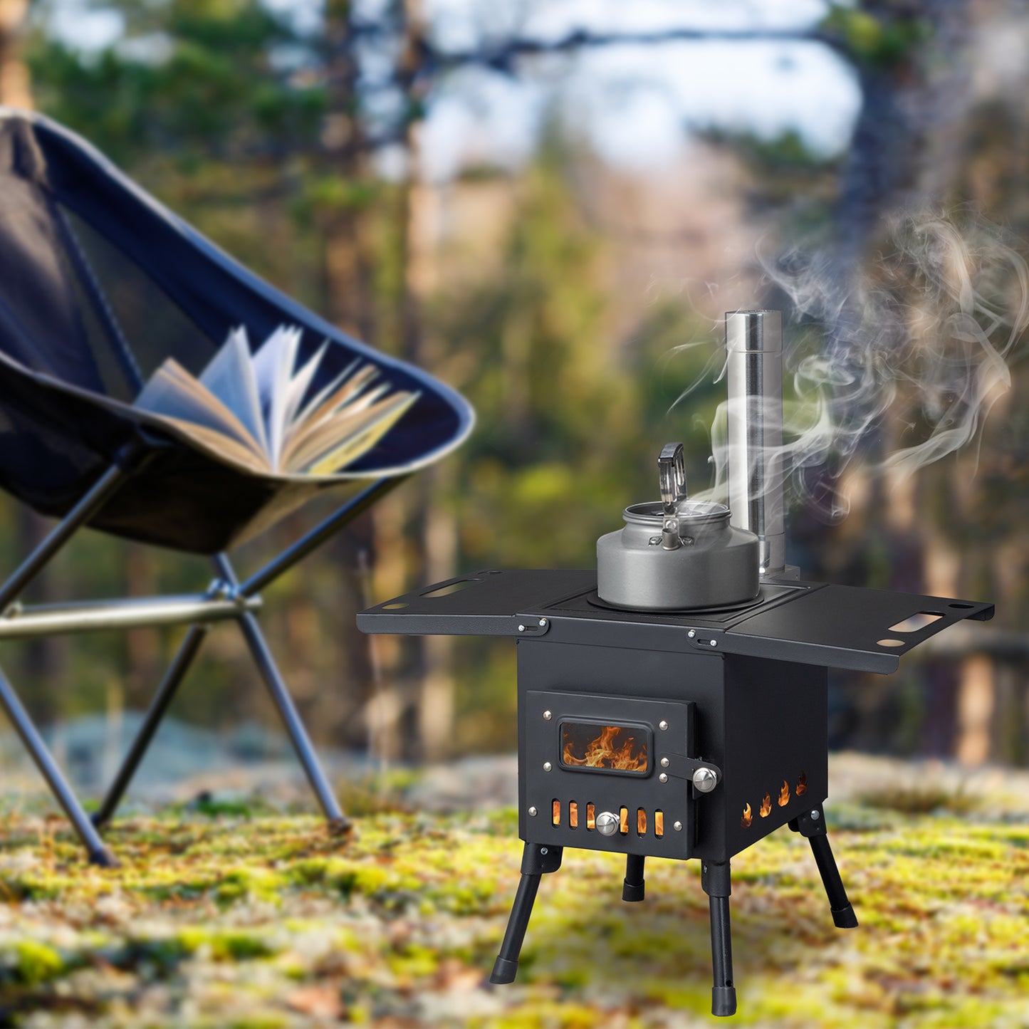 Portable Outdoor Wood Burning Stove Tent Stove with Chimney Pipe and Gloves for Tent,Picnic,Camping, Ice-fishing,Travel, Folding Heating Wood Burning