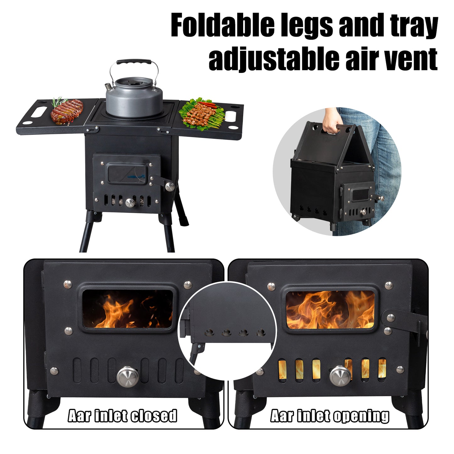 Portable Outdoor Wood Burning Stove Tent Stove with Chimney Pipe and Gloves for Tent,Picnic,Camping, Ice-fishing,Travel, Folding Heating Wood Burning