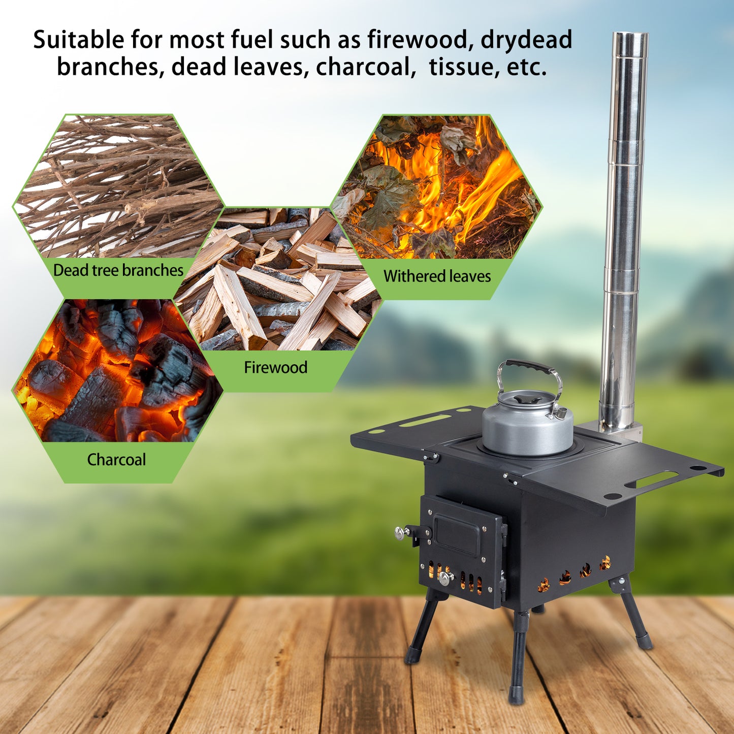 Portable Outdoor Wood Burning Stove Tent Stove with Chimney Pipe and Gloves for Tent,Picnic,Camping, Ice-fishing,Travel, Folding Heating Wood Burning