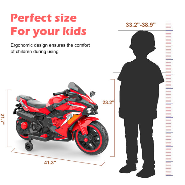 12V Electric Motorcycle for Kids, Powered Toy Motorcycle, Child Motorcycle Ride On with Light Wheels and Bluetooth Music Red (No shipping on weekends)